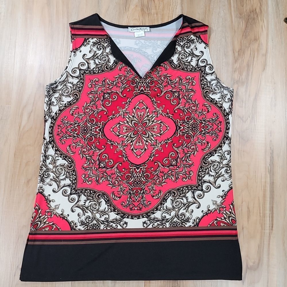 💛Claudia Richard Red & Black Scroll Print Sleeveless Top Large